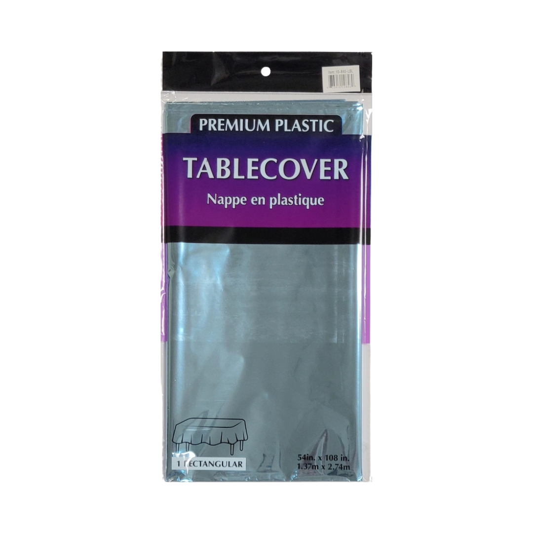 Blue plastic tablecover in packaging for birthdays from Parte Haus party supply store in Bethesda MD