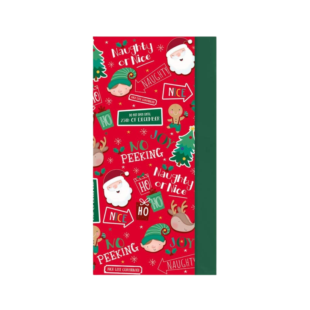 Red Christmas tissue paper with Santa reindeer and festive text from Parte Haus party supply store in Bethesda MD