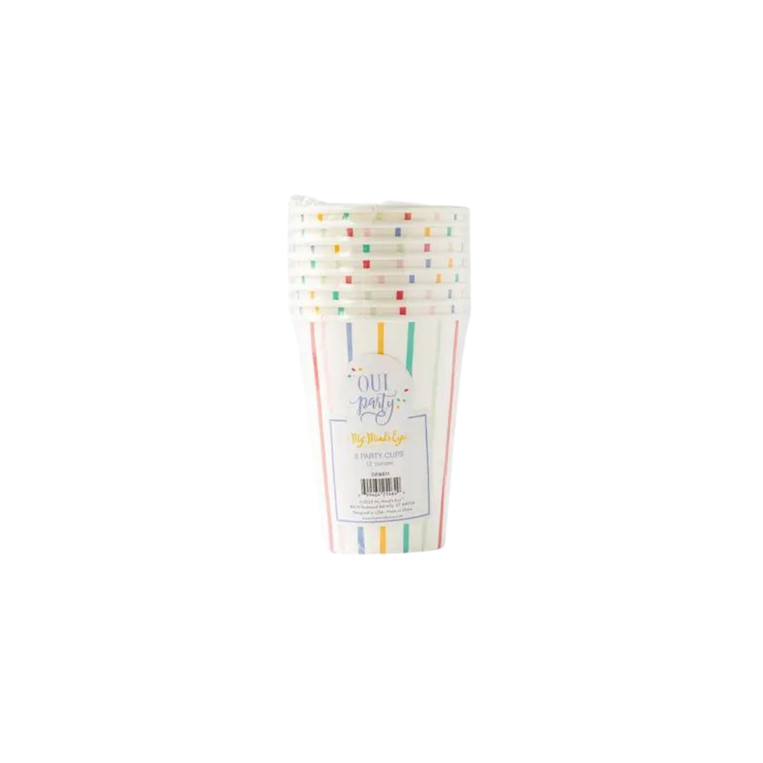 White and Rainbow Stripes Birthday Cups