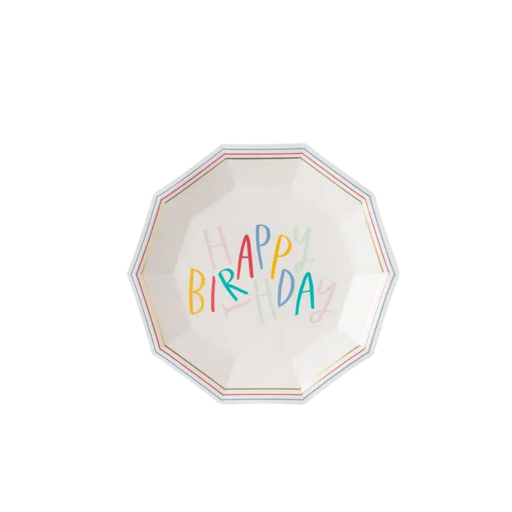White hexagon paper plate with colorful happy birthday text birthday theme from Parte Haus party supply store in Bethesda MD