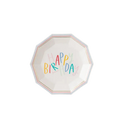 White hexagon paper plate with colorful happy birthday text birthday theme from Parte Haus party supply store in Bethesda MD