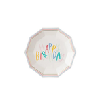 White hexagon paper plate with colorful happy birthday text birthday theme from Parte Haus party supply store in Bethesda MD