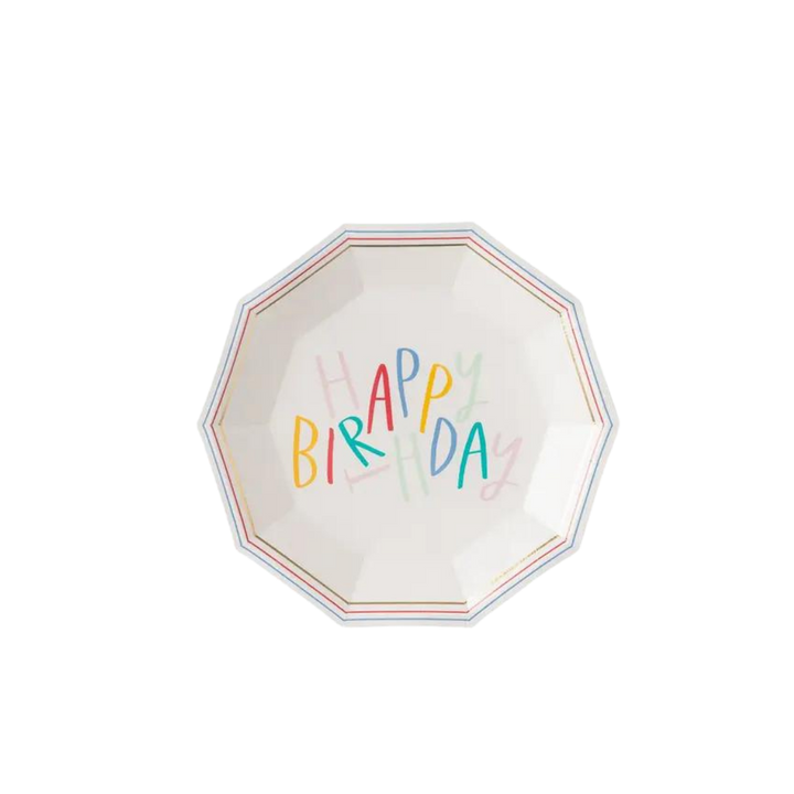 White Oui Party Happy Birthday Decagon Large Disposable Dinner Plates