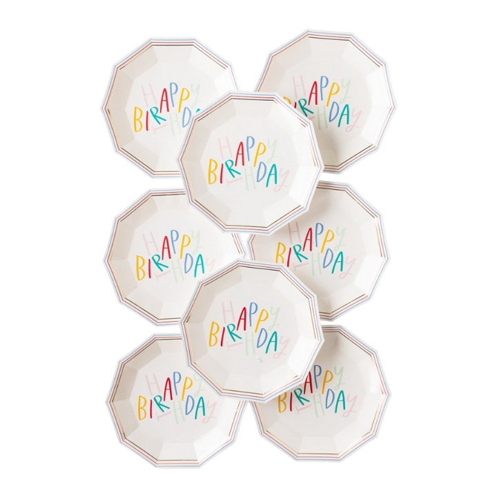 white happy birthday plates with colorful lettering birthday theme from Parte Haus party supply store in Bethesda MD