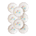 white happy birthday plates with colorful lettering birthday theme from Parte Haus party supply store in Bethesda MD