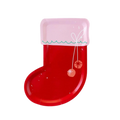 Red and pink stocking shaped plate with festive design Christmas theme from Parte Haus party supply store in Bethesda MD