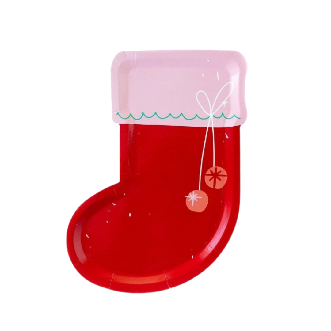 Red and pink stocking shaped plate with festive design Christmas theme from Parte Haus party supply store in Bethesda MD