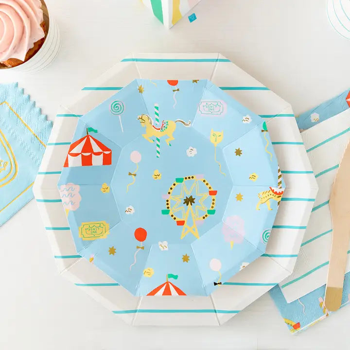Light blue small plates with carousel and carnival illustrations for fair theme from Parte Haus party supply store in Bethesda MD
