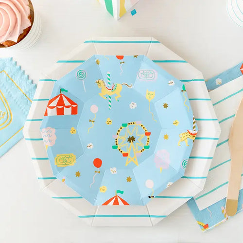 Light blue small plates with carousel and carnival illustrations for fair theme from Parte Haus party supply store in Bethesda MD