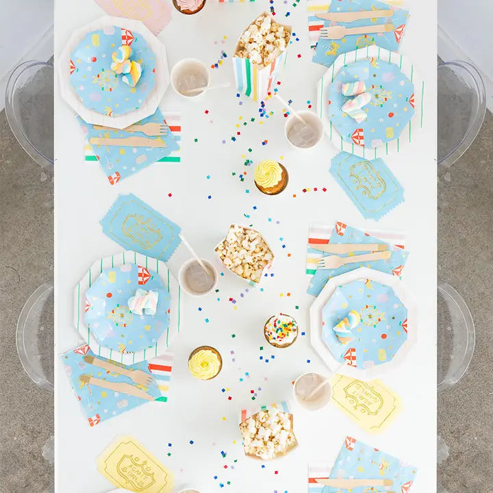 Blue carnival small plates and tableware for birthday celebration from Parte Haus party supply store in Bethesda MD