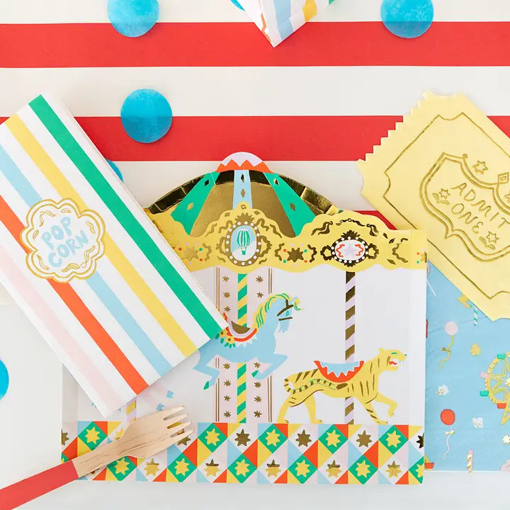 Multicolor carnival napkins with admit one ticket and carousel animals circus theme from Parte Haus party supply store in Bethesda MD.