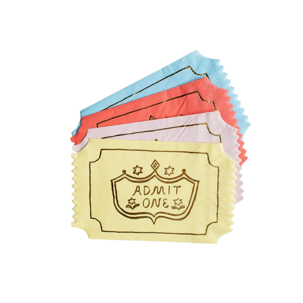 Yellow blue pink red ticket shaped Admit One napkins carnival theme from Parte Haus party supply store in Bethesda MD