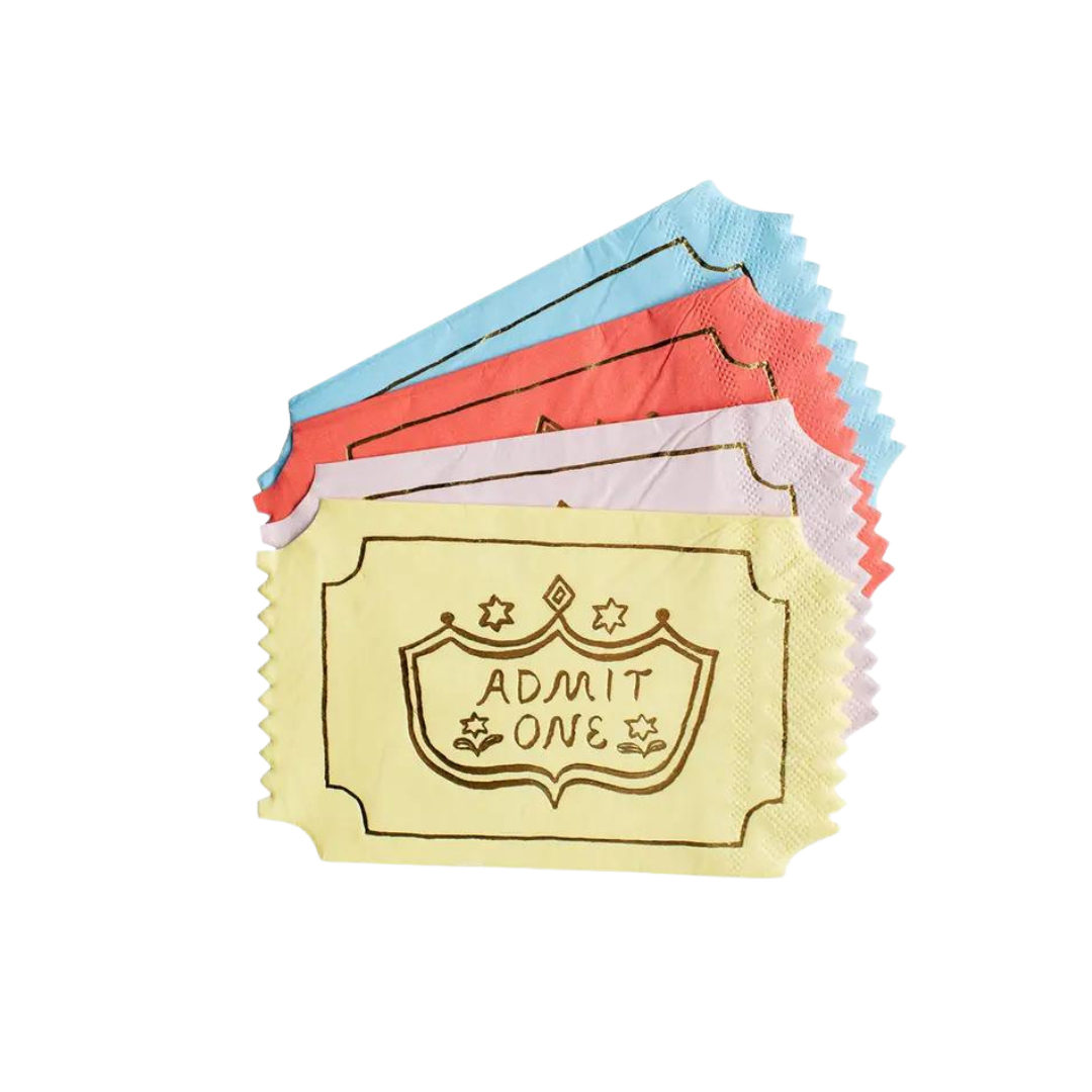 Yellow blue pink red ticket shaped Admit One napkins carnival theme from Parte Haus party supply store in Bethesda MD