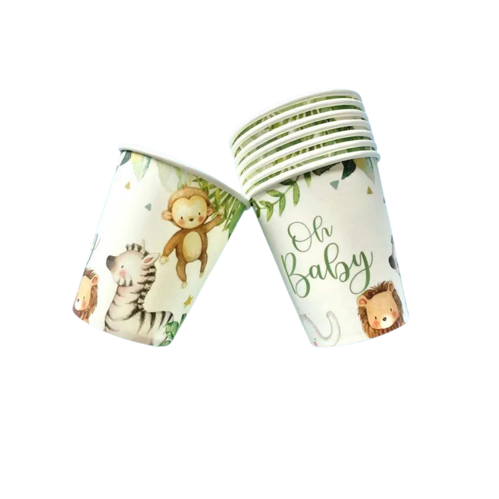 white safari animal paper cups with cute jungle animals for baby shower from Parte Haus party supply store in Bethesda Maryland