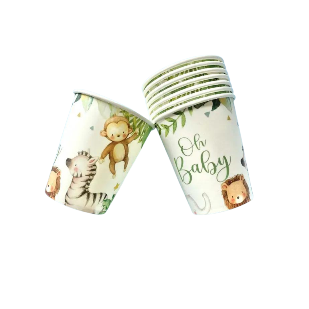 white safari animal paper cups with cute jungle animals for baby shower from Parte Haus party supply store in Bethesda Maryland