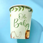 white safari animal paper cup with Oh Baby text baby shower theme from Parte Haus party supply store in Bethesda Maryland