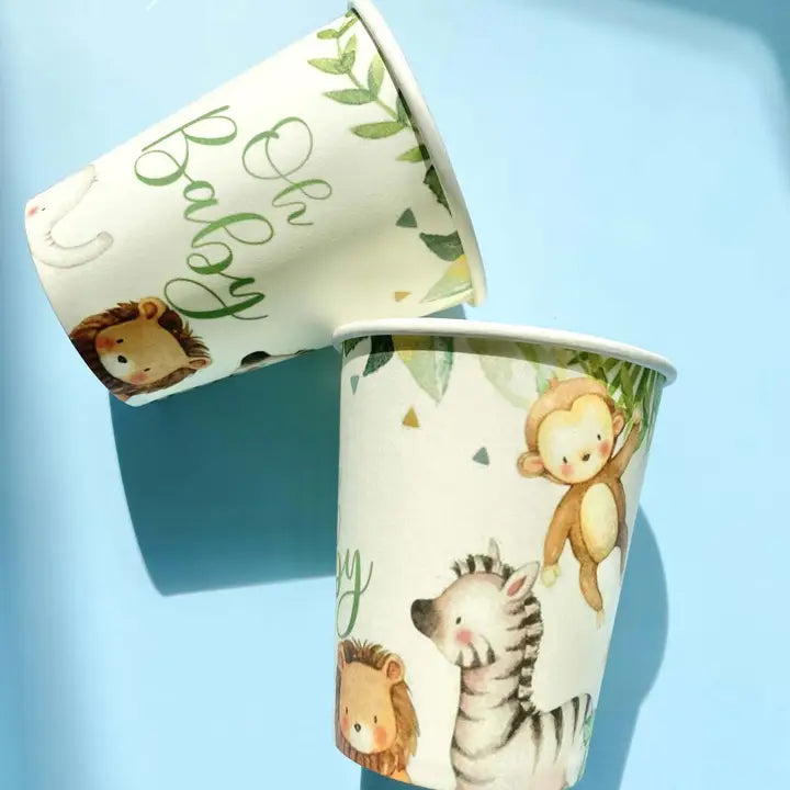white paper cups with cute safari animals Oh Baby baby shower design from Parte Haus party supply store in Bethesda MD