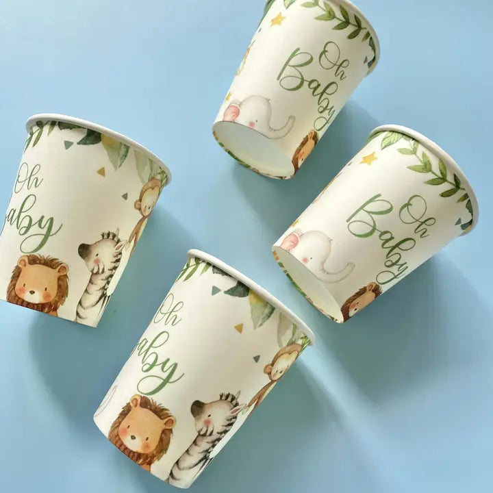 White safari animal paper cups with Oh Baby text for baby shower from Parte Haus party supply store in Bethesda MD