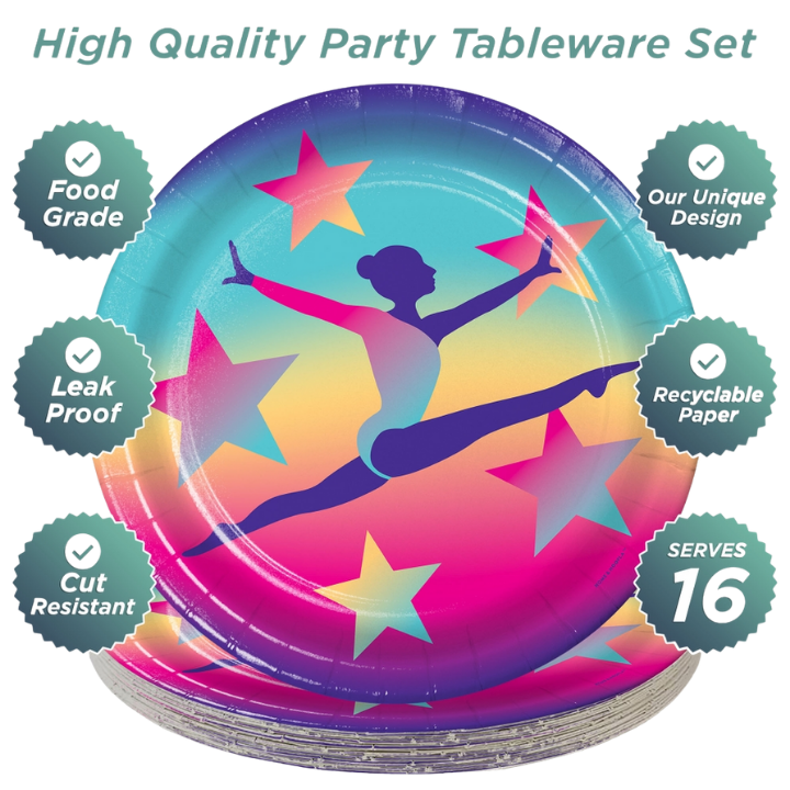 Ombre gymnastics dinner plates with leaping gymnast and stars gymnastics birthday from Parte Haus party supply store in Bethesda MD