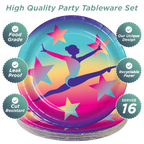 Ombre gymnastics dinner plates with leaping gymnast and stars gymnastics birthday from Parte Haus party supply store in Bethesda MD