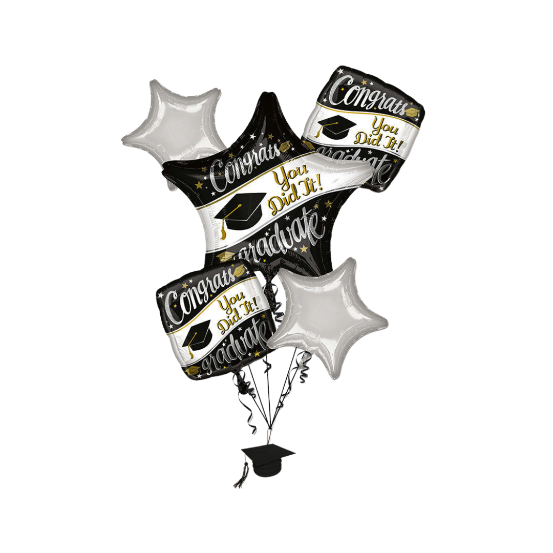 Black and gold graduation foil balloon bouquet with congrats text from Parte Haus party supply store in Bethesda Maryland