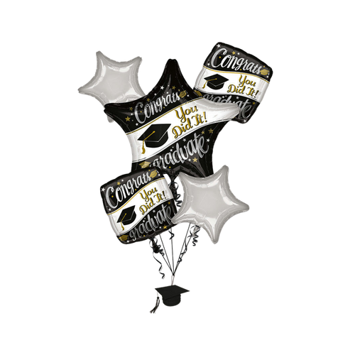 Black and gold graduation foil balloon bouquet with congrats text from Parte Haus party supply store in Bethesda Maryland