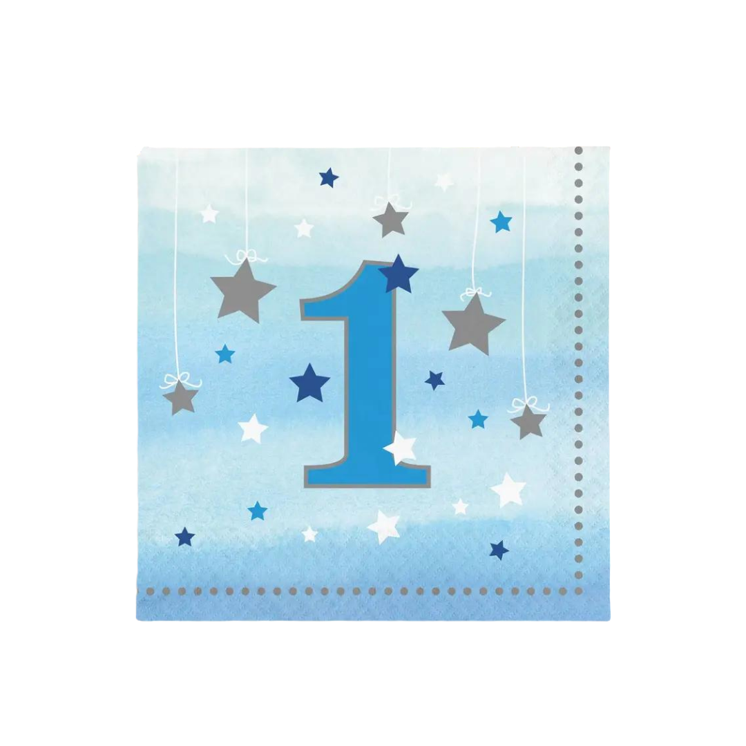 blue first birthday paper napkin with stars boy theme from Parte Haus party supply store in Bethesda MD