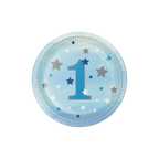 Blue first birthday dessert plate with stars for 1st birthday theme from Parte Haus party supply store in Bethesda MD