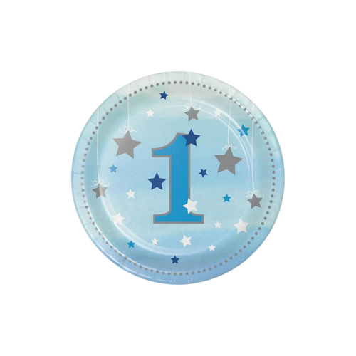 Blue first birthday dessert plate with stars for 1st birthday theme from Parte Haus party supply store in Bethesda MD