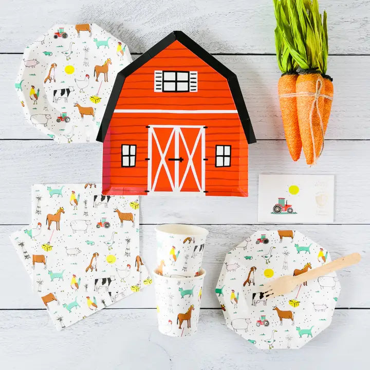 Farm animal plates and cups with barn design kids birthday from Parte Haus party supply store in Bethesda Maryland
