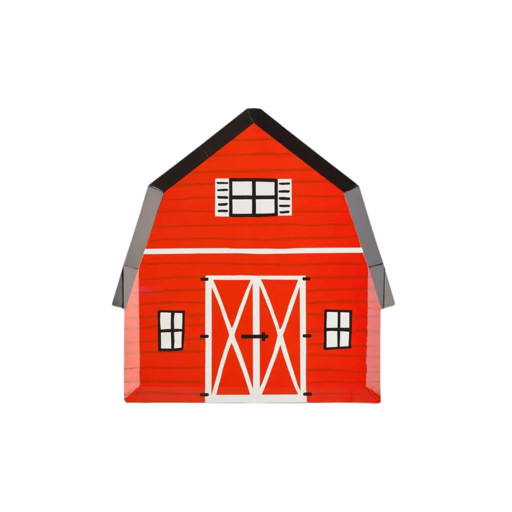 Red barn shaped large plate with white door farm birthday theme from Parte Haus party supply store in Bethesda MD