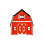 Red barn shaped large plate with white door farm birthday theme from Parte Haus party supply store in Bethesda MD