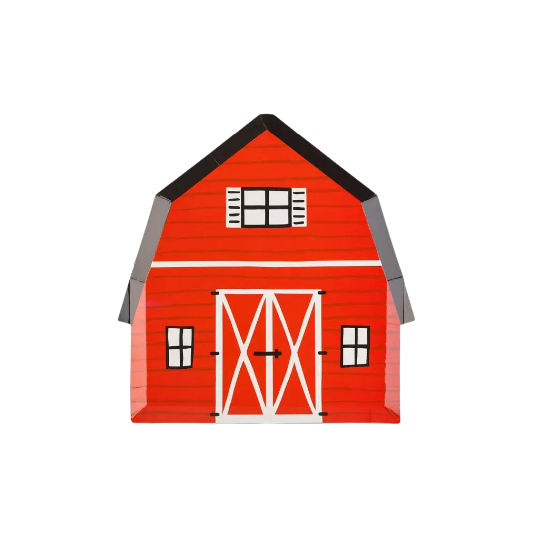 Red barn shaped large plate with white door farm birthday theme from Parte Haus party supply store in Bethesda MD