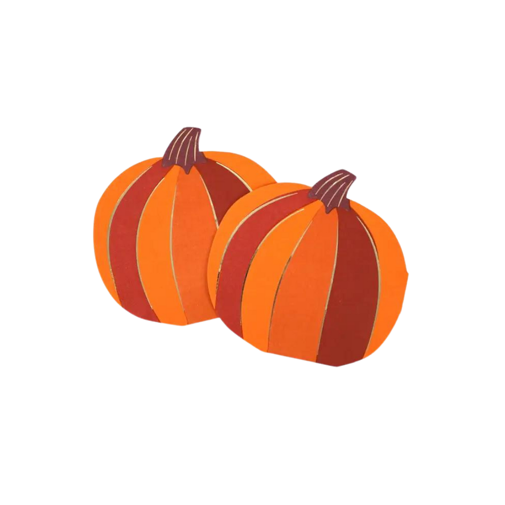 Orange pumpkin napkins shaped like pumpkins for fall and Thanksgiving from Parte Haus party supply store in Bethesda MD