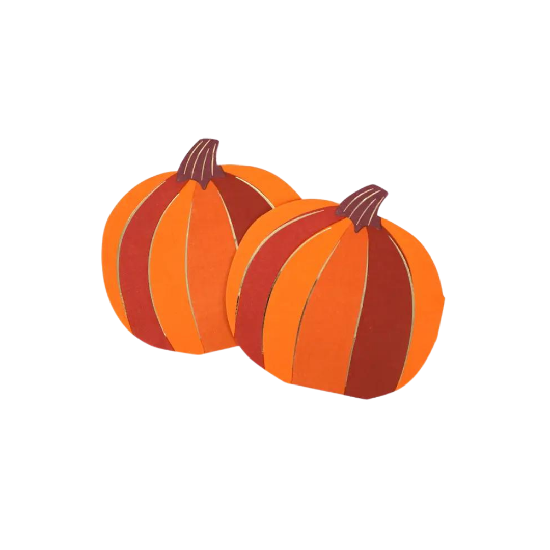 Orange pumpkin napkins shaped like pumpkins for fall and Thanksgiving from Parte Haus party supply store in Bethesda MD