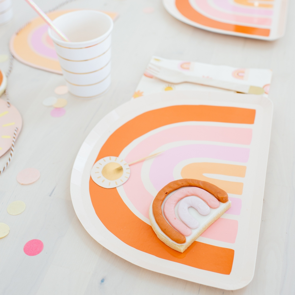 orange and peach boho rainbow large dinner plate with pastel rainbow cookie birthday theme from Parte Haus party supply store in Bethesda Maryland