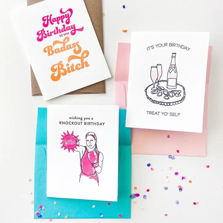 White pink birthday letterpress card with oysters and champagne for birthday from Parte Haus party supply store in Bethesda Maryland