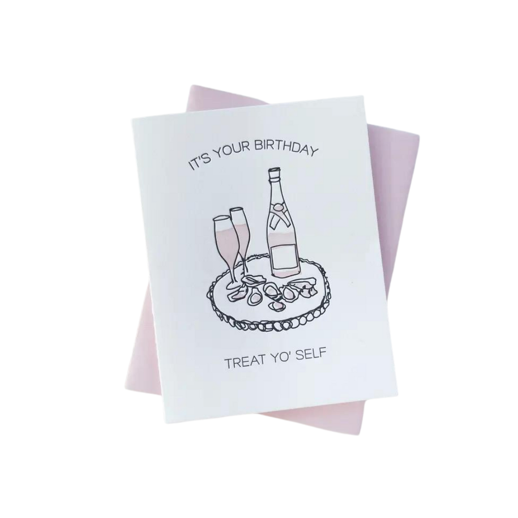 White letterpress birthday card with champagne and oysters illustration birthday theme from Parte Haus party supply store in Bethesda Maryland