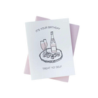White letterpress birthday card with champagne and oysters illustration birthday theme from Parte Haus party supply store in Bethesda Maryland