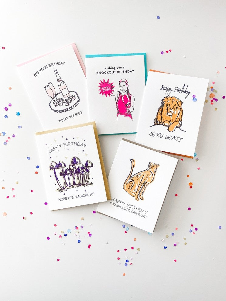Multicolor letterpress birthday cards with playful illustrations for birthday theme from Parte Haus party supply store in Bethesda MD