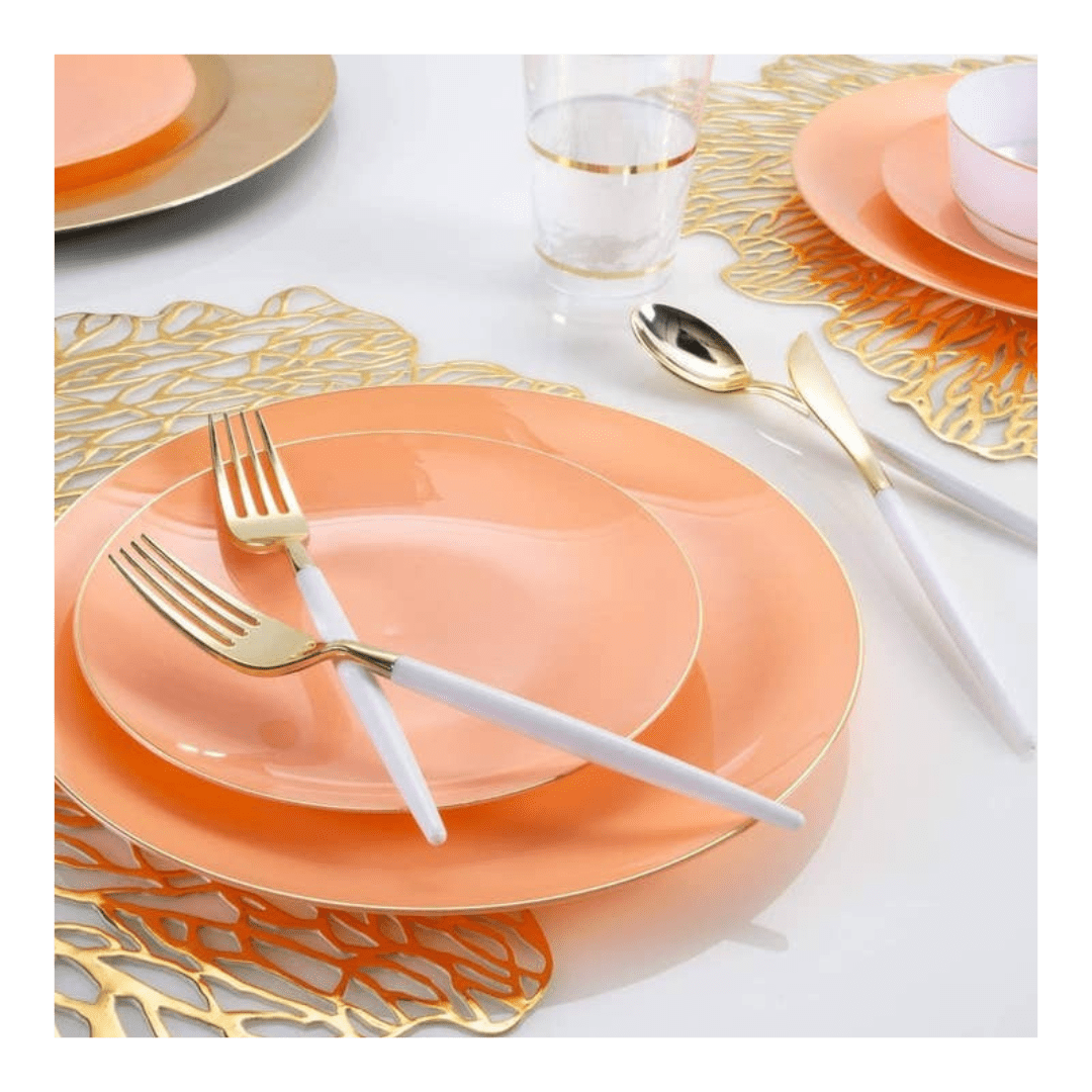 Coral Gold Rimmed Plastic Plates - 2 Sizes