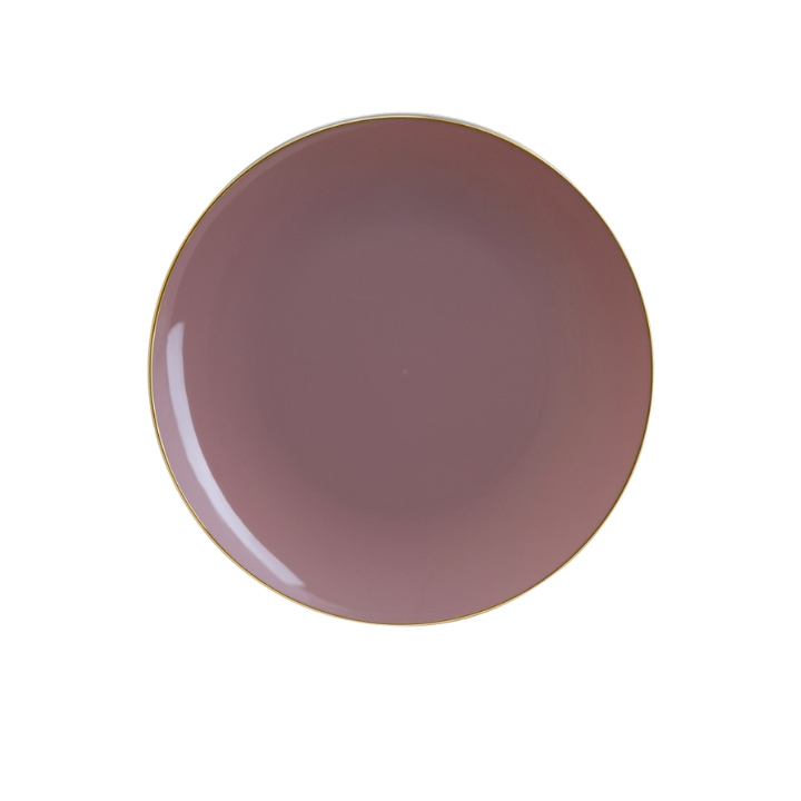 Mauve plate with gold rim elegant round tableware from Parte Haus party supply store in Bethesda MD
