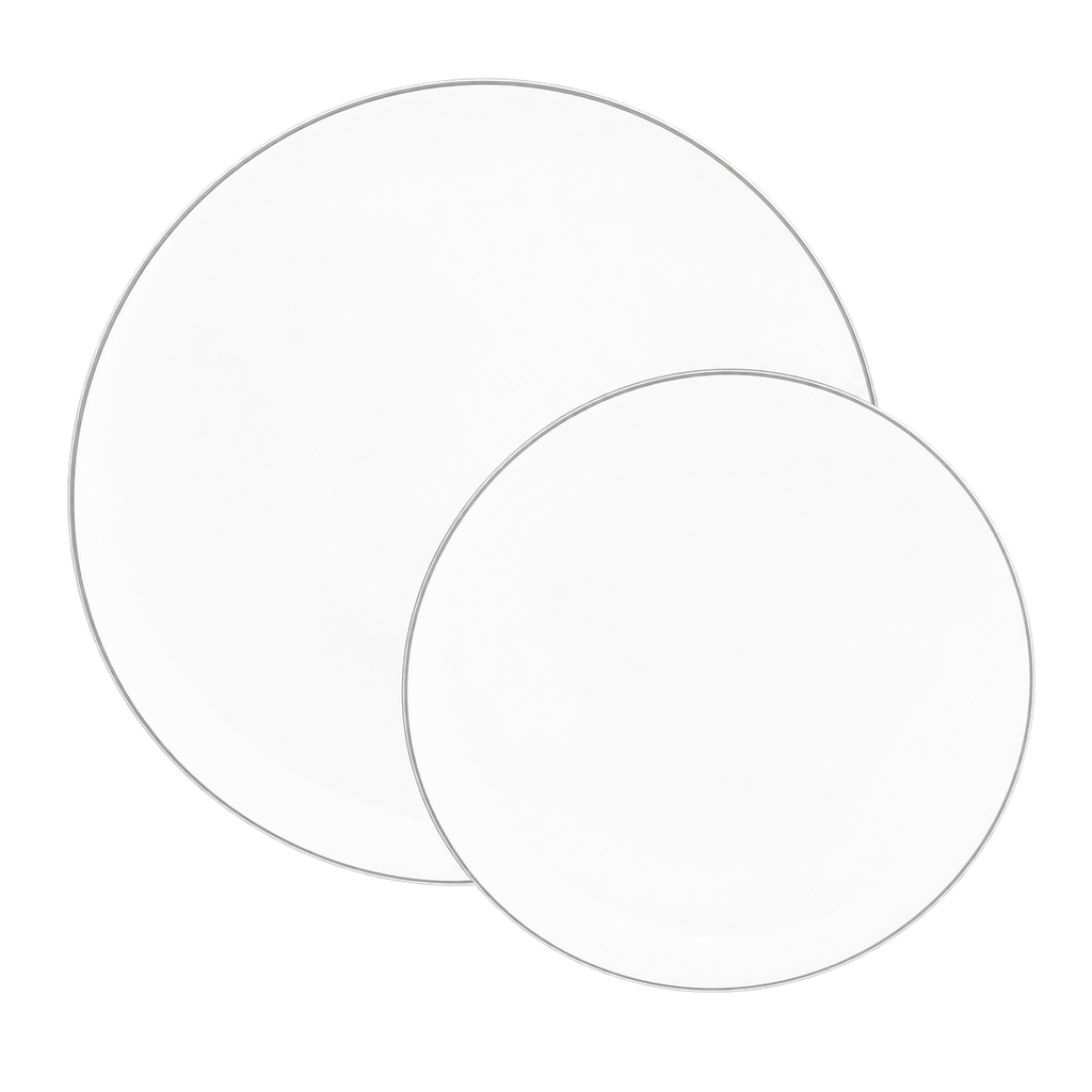 White Silver Rimmed Reusable Plates - 2 Sizes