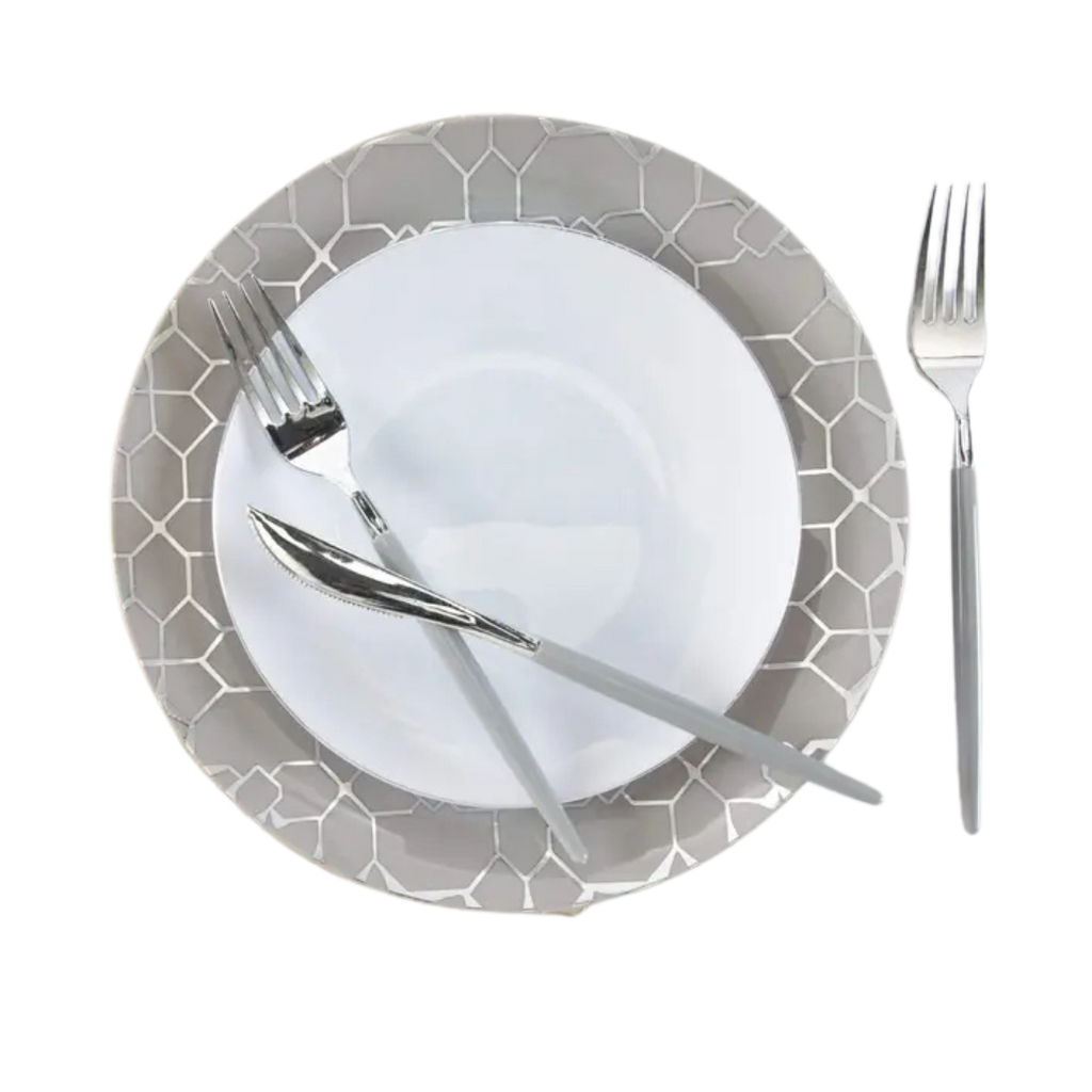 White and grey dinnerware set with geometric rim elegant table setting from Parte Haus party supply store in Bethesda MD
