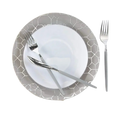White and grey dinnerware set with geometric rim elegant table setting from Parte Haus party supply store in Bethesda MD