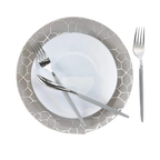 White and grey dinnerware set with geometric rim elegant table setting from Parte Haus party supply store in Bethesda MD