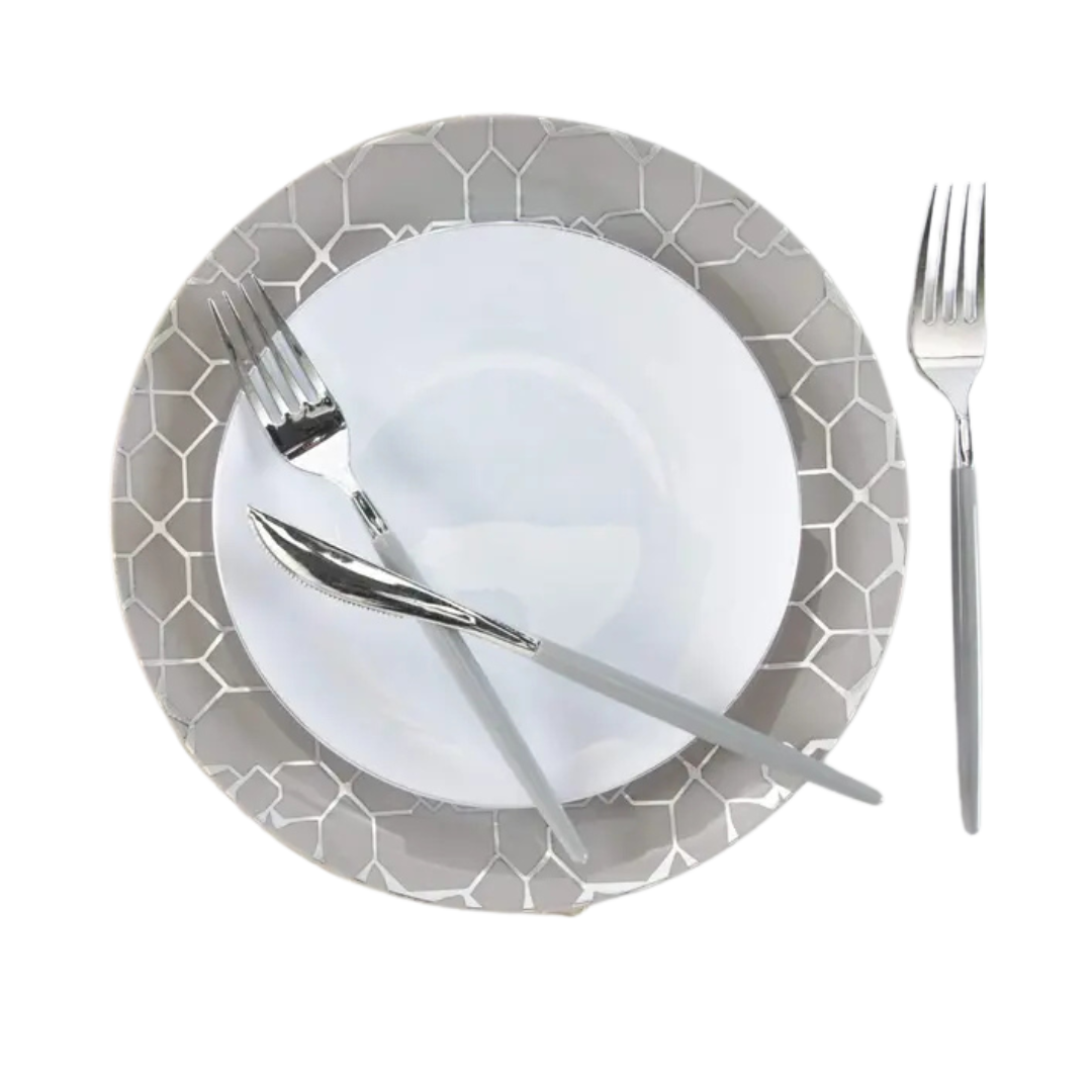 White and grey dinnerware set with geometric rim elegant table setting from Parte Haus party supply store in Bethesda MD