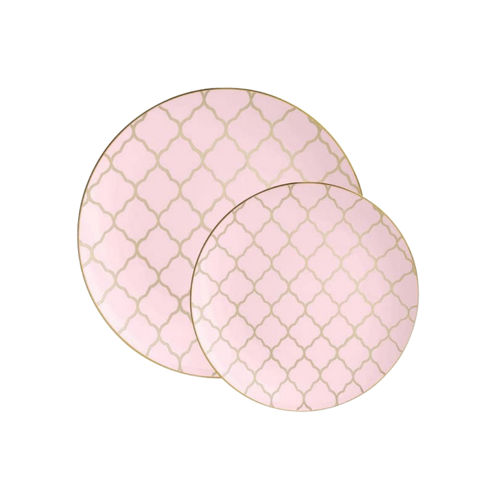 Blush and Gold Lattice Pattern Plastic Plates - 2 Sizes