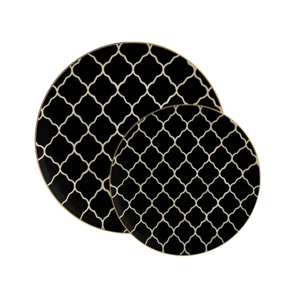 Black gold patterned plates elegant dinner decor from Parte Haus party supply store in Bethesda Maryland