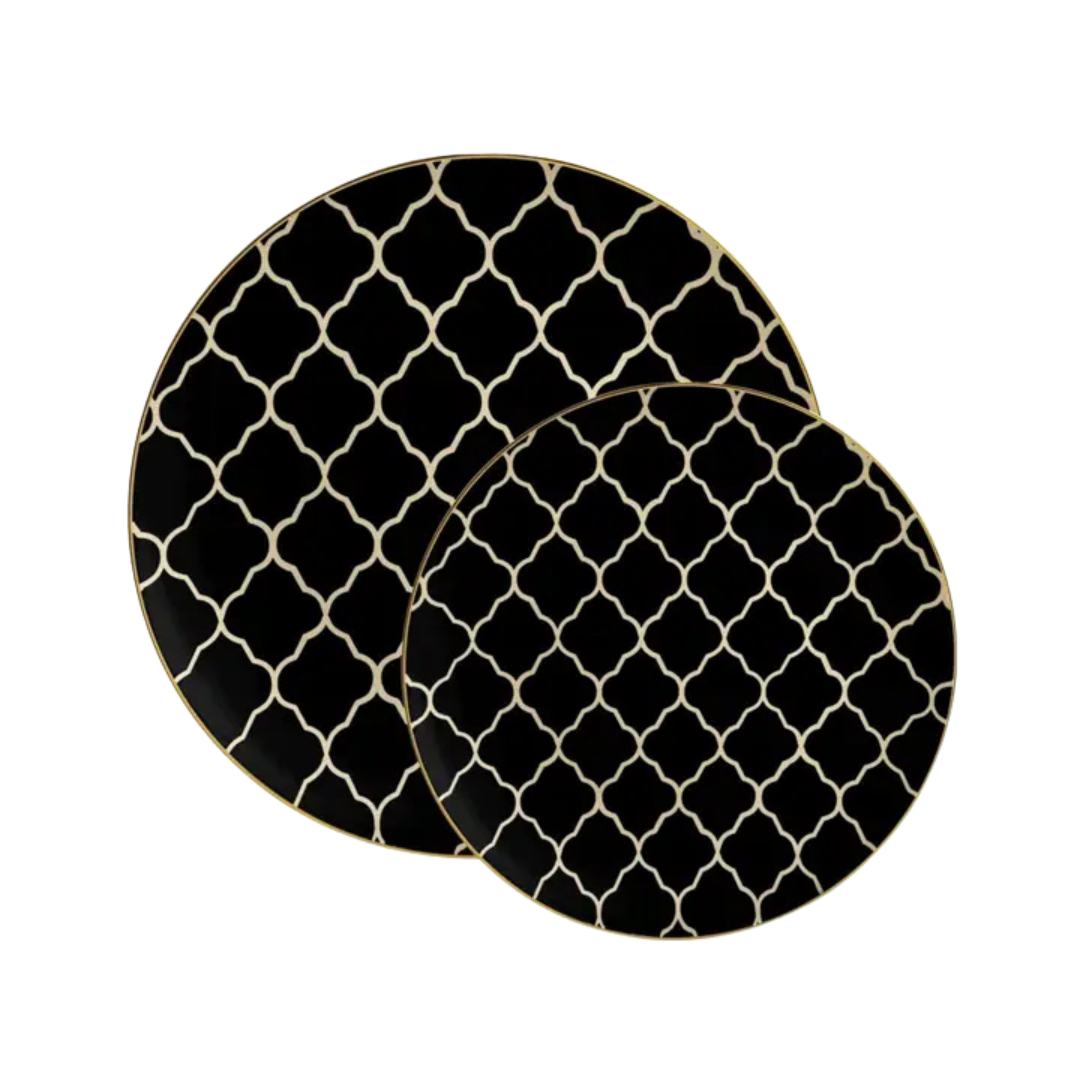 Black gold patterned plates elegant dinner decor from Parte Haus party supply store in Bethesda Maryland